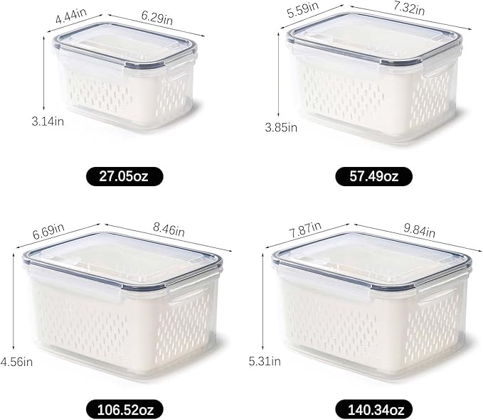 4 Pack Fresh Food Storage Containers, Large Capacity Produce Saver Box with Drain Baskets & Lid, Fridge Organizer, Airtight Fruit Organizer for Refrigerator, Stackable Plastic Fruit Veggie Saver