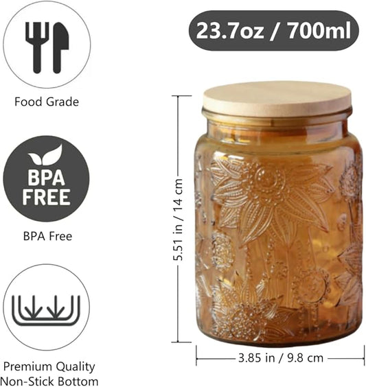 2 Pack Vintage Glass Jars, 23.7oz Glass Jars with Bamboo Lids, Decorative Mason Jar for Home Kitchen Storage Coffee Tea Sugar Biscuit Candy Jar, Cute Jar (Yellow, 2 Pack)