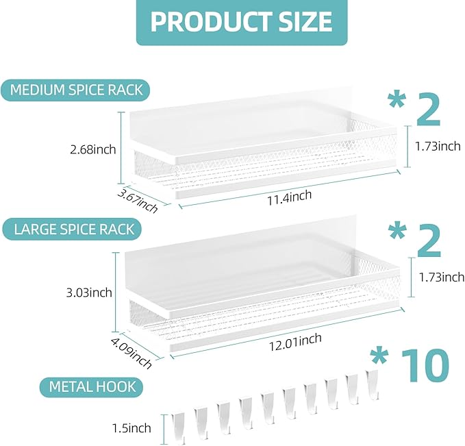 Magnetic Spice Rack for Refrigerator, 4 Pack Magnetic Shelf for Refrigerator,Moveable Fridge Magnetic Spice Racks with 10-Hook Rack for Kitchen Organizers and Storage