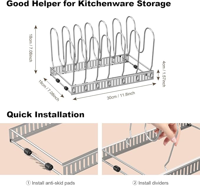 Pot and Pan Organizer Rack for Cabinet, Pot Lid Organizer with 7 Adjustable Dividers, Pan Holder Storage Rack for Kitchen Cabinet, Silver