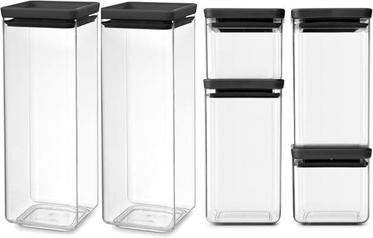 Brabantia Tasty+ 6pc Stackable Food Canisters Set (Dark Gray) 2 x 0.18, 0.4 & 0.66 Gal BPA-Free Space-Saving Jars with Silicone Seal Lids