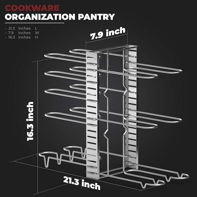Vdomus Pot Rack Organizer - 3 DIY Methods, Pan and Lid Storage for Cabinet Organizing, 8+ Pot and Pan Holder, Adjustable Pot Rack Lid Holder (Silver)