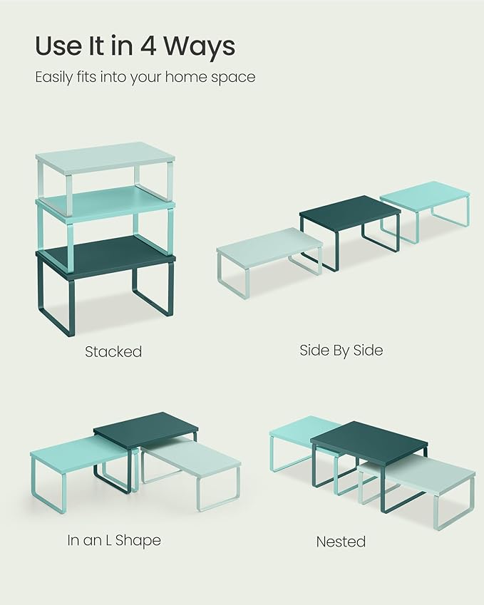 SONGMICS Cabinet Organizer Shelf, Set of 3 Kitchen Counter Shelves, Kitchen Storage, Spice Rack, Stackable, Expandable, Ivy Green UKCS220C01