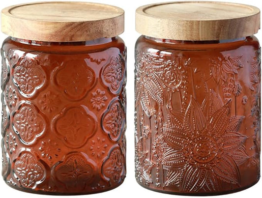 Vintage Glass Jar with Lid,Cookie Candy Jar Coffee Canister Food Storage Containers Storage Jar Set for Kitchen Office (Brown)