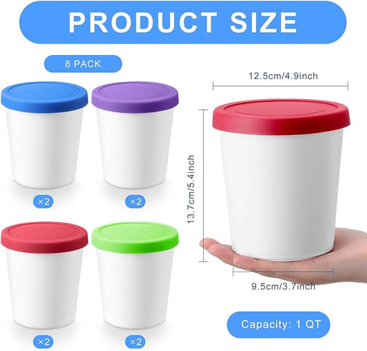 Uiifan 8 Pcs 1 Qt Ice Cream Containers for Homemade Ice Cream Reusable Ice Cream Storage Containers with Silicone Lids for Freezer, Freezer Containers Tubs for Ice Cream Sorbet and Gelato Storage