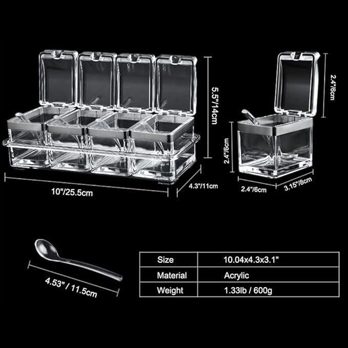 Seasoning Box, Seasoning Rack Spice Pots, Storage Container Condiment Jars, 4 Piece Clear Acrylic Cruet with Cover and Spoon Transparent