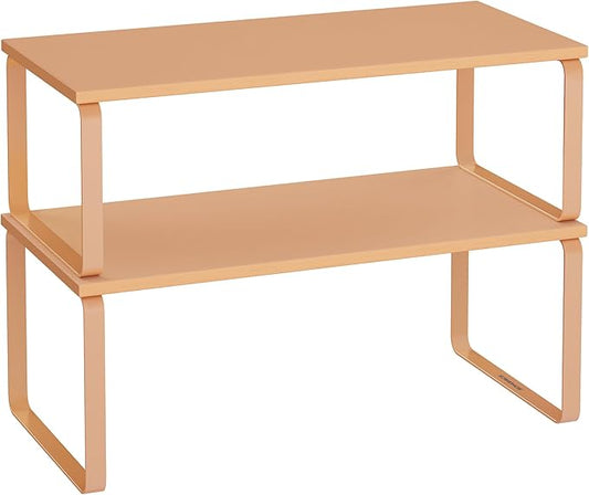 SONGMICS Cabinet Organizer Shelf, Set of 2 Kitchen Counter Shelves, Kitchen Storage, Spice Rack, Stackable, Expandable, Metal and Engineered Wood, Apricot Orange UKCS200Y01