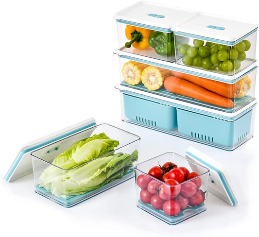 Lille Home Stackable Produce Saver, Organizer Bins/Storage Containers with Removable Drain Tray, Set of Six, for Refrigerators, Cabinets, Countertops and Pantry, BPA Free (Blue,Set of Six)