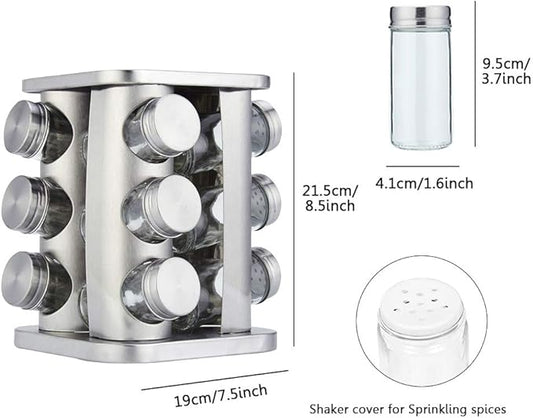 TINMIX Rotating Spice Rack Organizer with 12 Jars - Revolving Standing Seasoning Tower with 12 Glass Bottles for Countertop Kitchen Cabinet, Stainless Steel, Silver