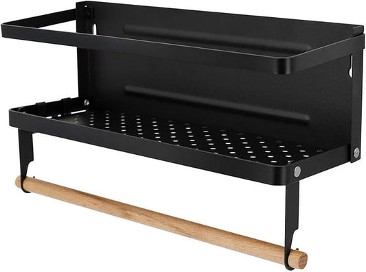 Jolitac Magnetic Fridge Spice Rack- Space Saving Organizer Black Shelf on Refrigerator, Kitchen Paper Towel Holder, Foldable Design (Black-Small)
