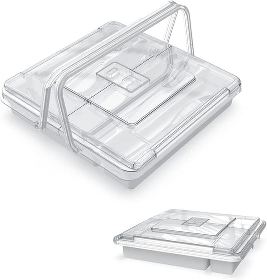 Silverware Organizer with Cover, Portable Cutlery Holder Flatware Tray with Lid Plastic Silverware Storage Box 5 Compartments for Kitchen Drawer (white)