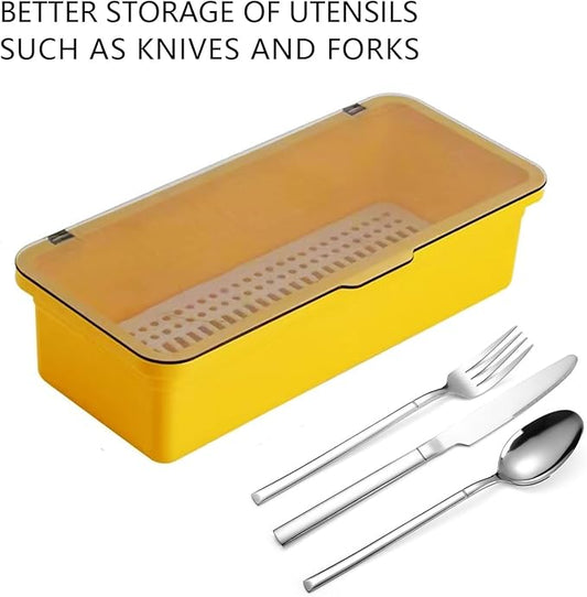 Flatware Tray with Lid,Silverware Tray Kitchen Cutlery Tray and Utensil Storage Container for Flatware and Silverware (Yellow)