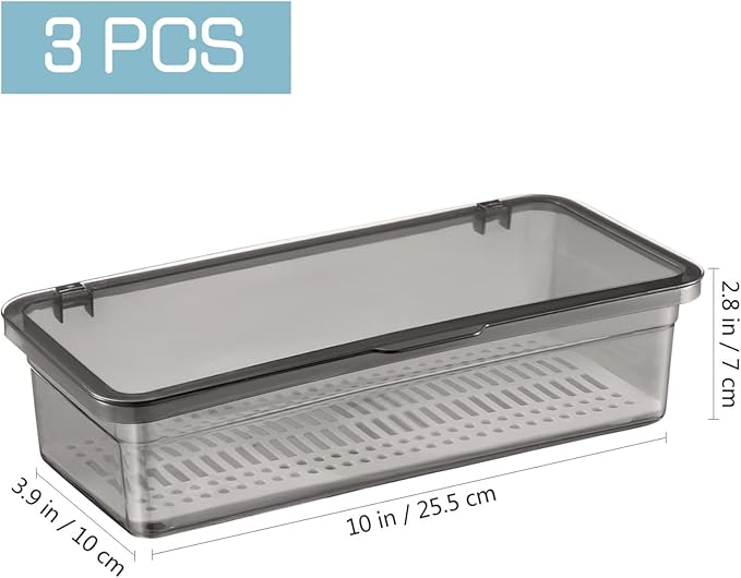 DOITOOL 3Pcs Flatware Tray with Lid Kitchen Cutlery and Utensil Drawer Organizer Silverware Holder Countertop Storage Container, 10 x 3.9 x 2.8inch (Black)