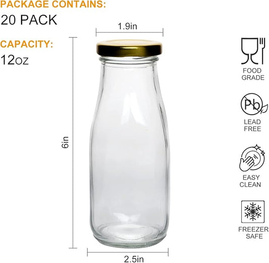 QAPPDA 12 oz Glass Bottles, Clear Glass Milk Bottles with Gold Metal Lids, Vintage Breakfast Shake Clear Container, Vintage Drinking Bottle with Whiteboard Labels and Pen for Party,Kids,Set of 20