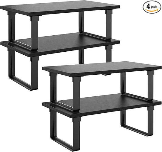 Cabinet Shelf Organizers, Set of 4 Stable Kitchen Counter Shelves, Stackable Expandable Spice Racks, Wood Anti-Slip Kitchen Organizers and Storage, Easy to Assemble, Black