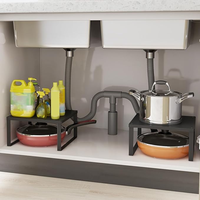 Stackable Cabinet Shelf Organizer Counter Storage Spice Rack Metal Space Saving for Kitchen Pantry Cupboard Countertop Bathroom Bedroom Under Sink Office, Black - Large