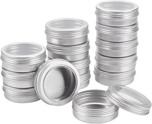 BENECREAT 14 Pack 2 OZ Tin Cans Screw Top Round Aluminum Cans Screw Lid Containers with Clear Window - Great for Store Spices, Candies, Tea or Gift Giving (Platinum)