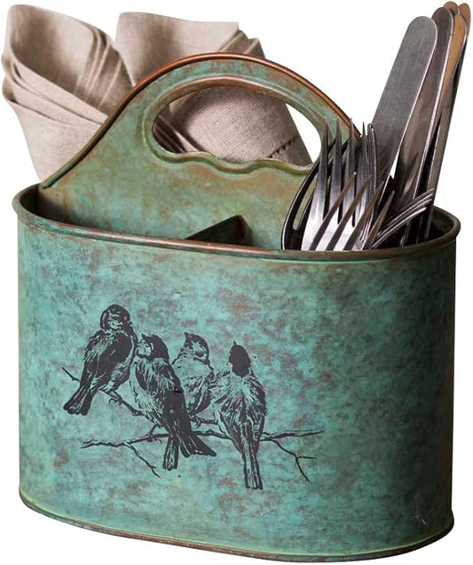 Colonial Tin Works Songbirds Metal Divided Kitchen Caddy green