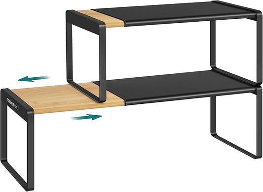 SONGMICS HOME Spice Racks, Expandable Cupboard Shelf Orgnizers, Kitchen Counter Shelves, Bamboo and Metal, Space-Saving Shelving, Stackable, Natural Beige and Ink Black UKCS051B01