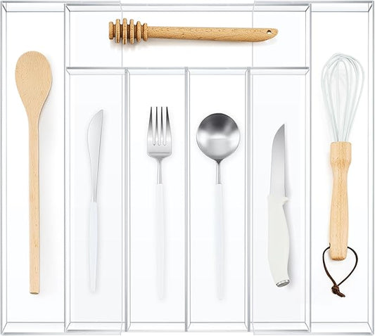 Expandable Kitchen Drawer Organizer Clear Acrylic Utensil Organizer Adjustable Acrylic Silverware Storage for Kitchen Drawers Silverware Flatware Knives (5-7 Compartments)