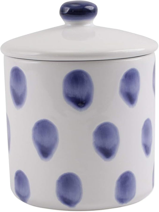 Vietri Viva Santorini White and Blue Dot Small Canister, 5" D Ceramic Earthenware White Canister, Kitchen Canister