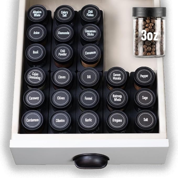AllSpice InDrawer Spice Rack Organizer with Short Jars (12 3” Jars)