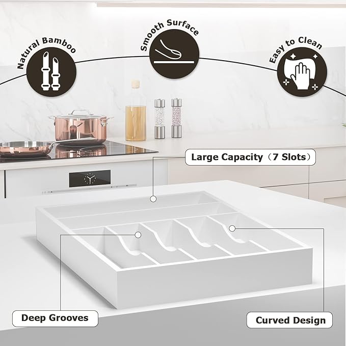 Utensil Organizer Silverware Drawer Organizer - 7 Slots Bamboo Cutlery Organizer Multi-Purpose Silverware Divider for Kitchen Flatware, Hair Accessories, Repair Tools, Art Set W13”x L17” (White)