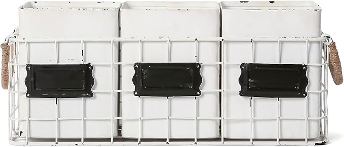 NIKKY HOME Farmhouse 3 Compartment Flatware Cutlery Caddy Countertop Silverware Holder for Spoons, Knives, Forks - White