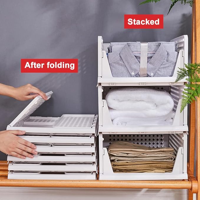 yazi Stackable Storage Bins,8 Pack Foldable Plastic Wardrobe Clothes Organizer Drawer Shelf Storage Basket Container Plastic Drawer Organizer Shelf Baskets Folding Containers Bins Cubes