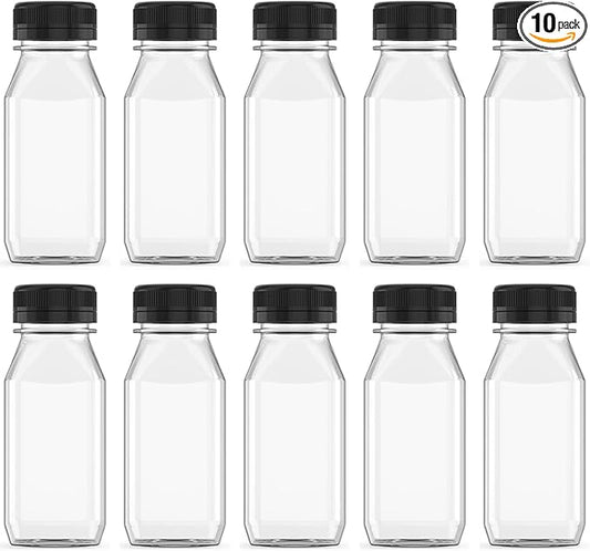 10 Pcs 6 Ounce Plastic Juice Bottle Drink Containers Juicing Bottles with Black Lids, Suitable for Juice, Smoothies, Milk and Homemade Beverages
