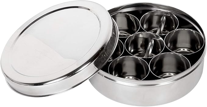 Mother's Day Gifts Stainless Steel Spice Container 7 Containers and Small Spoon Orange See Through Masala Box Indian Masala Dabba with size 8 X 8 inches