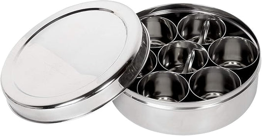 Mother's Day Gifts Stainless Steel Spice Container 7 Containers and Small Spoon Orange See Through Masala Box Indian Masala Dabba with size 8 X 8 inches