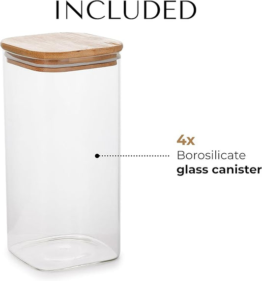 44oz Square Borosilicate Glass Canister With Bamboo Lid, Airtight Pantry Storage Jar Containers Ideal for Rice, Candy, Sugar, Flour, Nuts, Cookies and Coffee Beans (4 Pack)