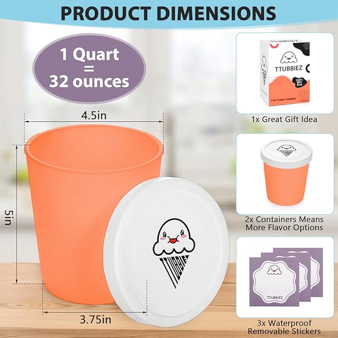 Ice Cream Containers (2 Pack - 1 Quart Each), Ice Cream Containers for Homemade Ice Cream, Ice Cream Storage Containers for Freezer, 1 Quart Freezer Containers for Ice Cream Storage - Berry