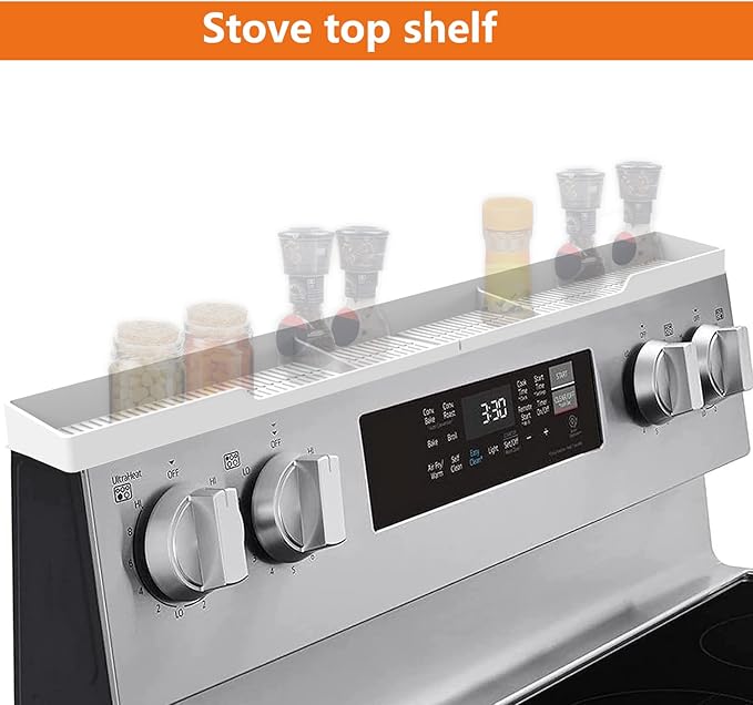 AWOKE Stove Top Shelf 30 Inch - Silicone Material Magnetic Shelf for The Stove - 3 Functional Partitions Kitchen Spice Rack Organizer - White