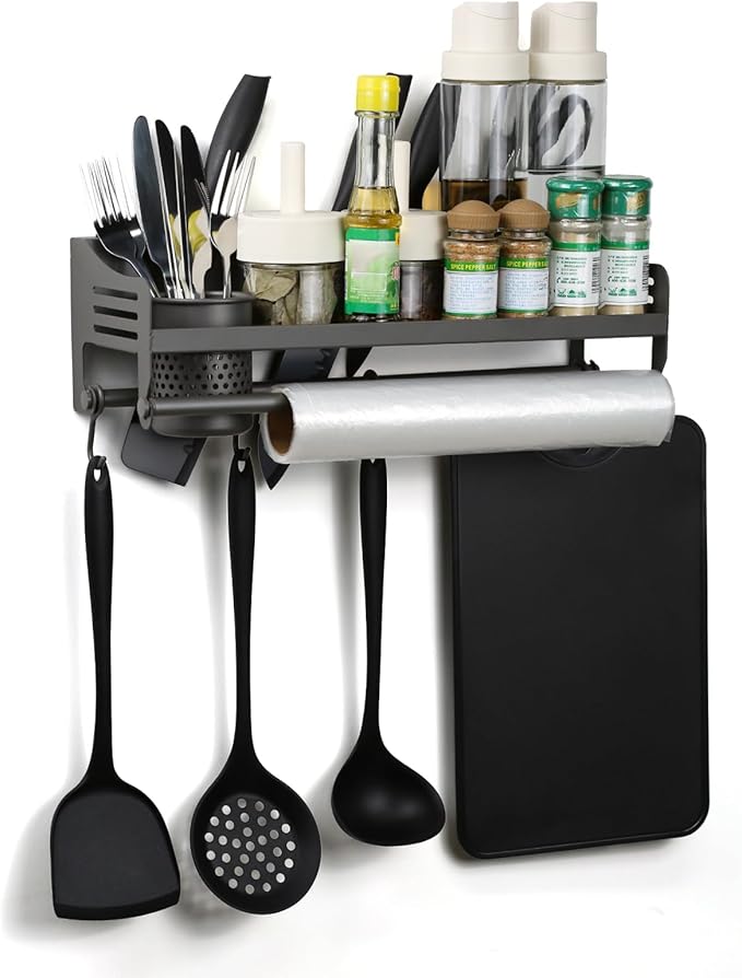 Wall Mounted Spice Rack, Hanging Spice Rack with Hooks - Kitchen Utensil Organizer for Spatulas, Spoons, And Seasoning Jars - Space Saving Solutions for the Kitchen (40CM)