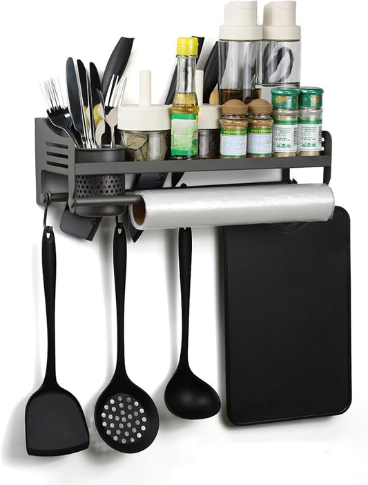 Wall Mounted Spice Rack, Hanging Spice Rack with Hooks - Kitchen Utensil Organizer for Spatulas, Spoons, And Seasoning Jars - Space Saving Solutions for the Kitchen (40CM)