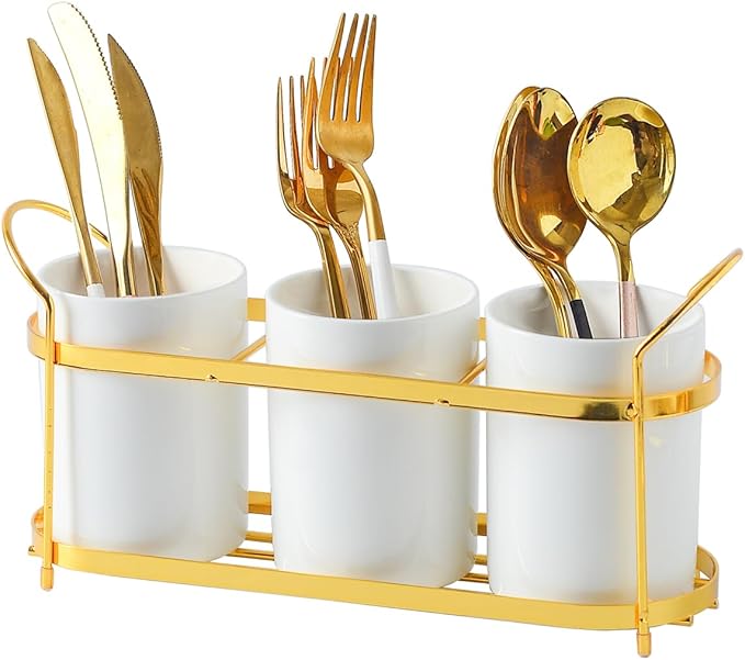 3-Piece White Ceramic Silverware Caddy with Black Metal Rack, Utensil Holder Flatware Caddy Cutlery Storage Organizer for Kitchen Table (White+Gold A)