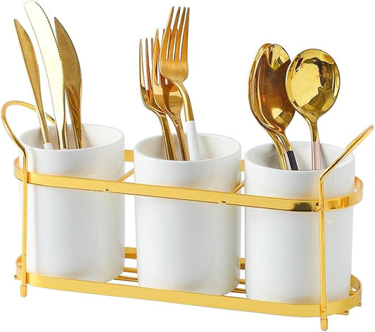 3-Piece White Ceramic Silverware Caddy with Black Metal Rack, Utensil Holder Flatware Caddy Cutlery Storage Organizer for Kitchen Table (White+Gold A)