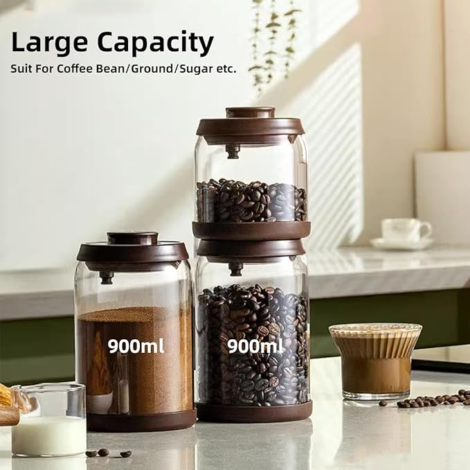 Ankou Glass Coffee Canister 900ml x 2 Jar, Airtight Food Storage Container with Pop Lid, Kitchen High Borosilicate Glass Contianers For Tea Coffee Bean Sugar