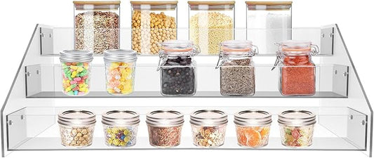 WUIVIUT Acrylic Tiered Spice Shelf Organizer, 3-Tier Transparent Countertop Spice Rack, 12.21 x 6.33 x 4.56 inches, Kitchen Pantry Storage