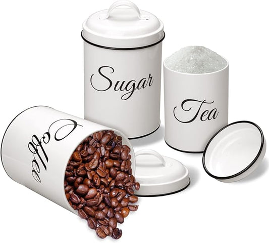 3-Piece Country Kitchen Canisters, Vintage Tea Sugar Coffee Canister Set, Rustic Farmhouse Metal Food Storage Tins for Coffee, Sugar, Tea, for Kitchen Countertop, White