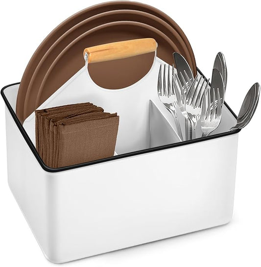 Plexon White Metal Caddy, Table Utensil Caddy with Handle Galvanized Steel Utensil Holder for Party Metal Flatware Caddy Large Silverware Organizer Countertop for Kitchen Garden Patio Bathroom