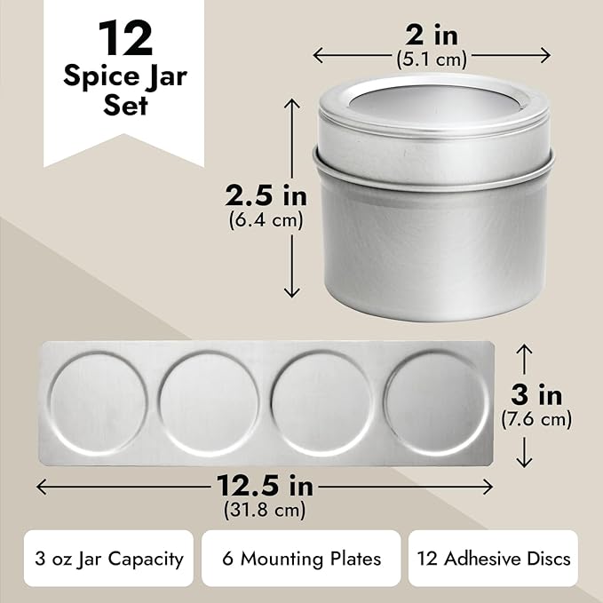 Talented Kitchen 12 Magnetic Spice Jars for Refrigerator with 3 Metal Wall Bases, 269 Preprinted Seasoning Labels, 2 Styles, 1 Cooking Conversion Chart, for 3 oz Containers - Magnetic Spice Containers