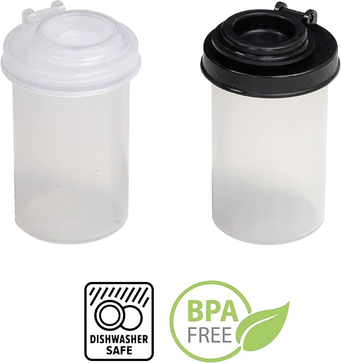 BRAZZA Salt and Pepper Shakers Moisture Proof Set, Perfect to go Camping Picnic Outdoors Kitchen Lunch Boxes Travel Spice Set Clear with Black Lids Plastic Airtight Jar Dispenser 5 small