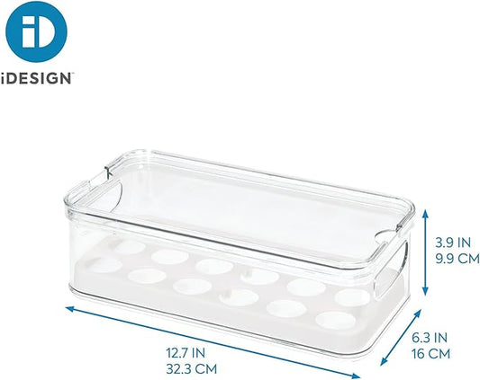 iDesign Crisp Plastic Refrigerator and Pantry Egg Bin, Modular Stacking Food Storage Box for Freezer, Fridge, Holds up to 18 Eggs, BPA Free, 12.72" x 6.32" x 3.88", Clear and White