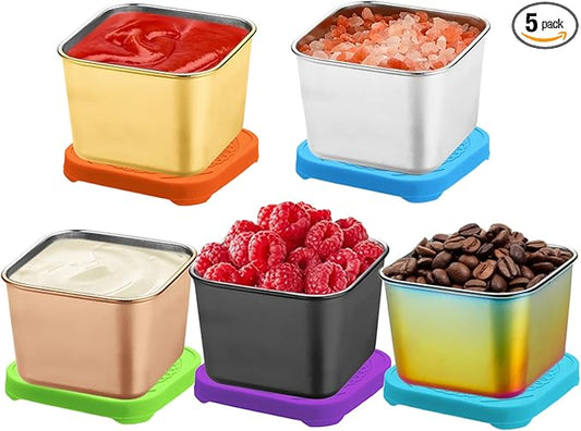 Small Condiment Containers To Go, 5 Pcs Square Spice Jar Kits with Lids, Individual Portion Cups, Leakproof Reusable Ideal for All Hot and Cold Sauces, Lunch Box, Work Trip