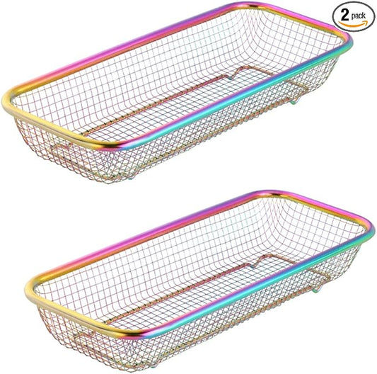 Kitchen Drawer Organizer, BuyGo Stainless Steel Storage Container Metal Cabinet Storage Basket for Holding Silverware Kitchen Utensil, Pack of 2, Rainbow
