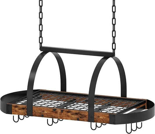 Hanging Pot Rack, Pot Hanger for Kitchen, Ceiling Mounted Pot Holder, Cookware Organizer with 12 S-Shaped Hooks, for Pot, Pan Storage, Space-Saving, Rustic Brown and Black TPR08BFC1