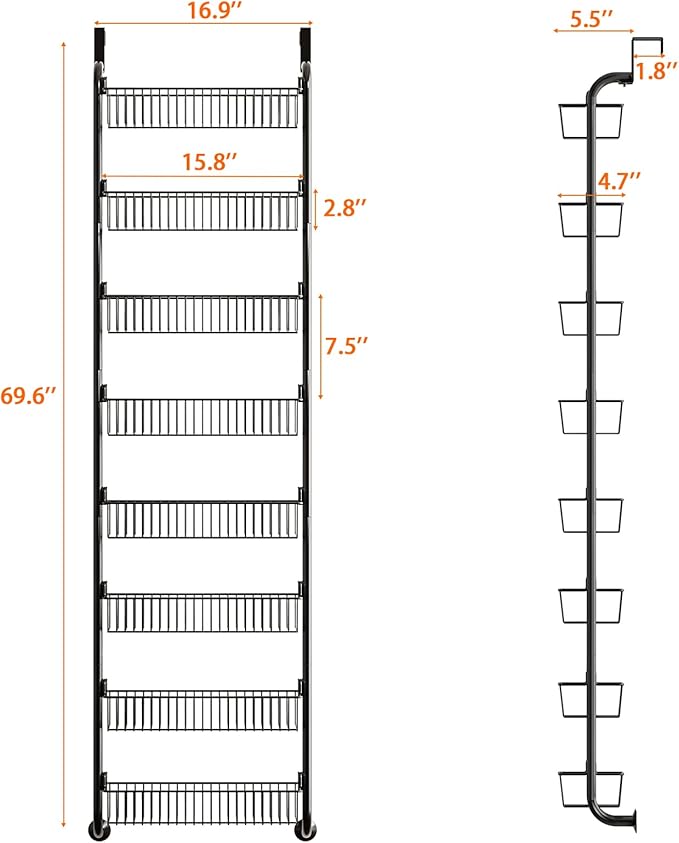 Over the Door Pantry Organizers and Storage, 8-Tier Spice Rack, Home & Kitchen Storage Shelves for Cabinet, Large Capacity Hanging Seasoning Organizer, Laundry Room Organization, Black